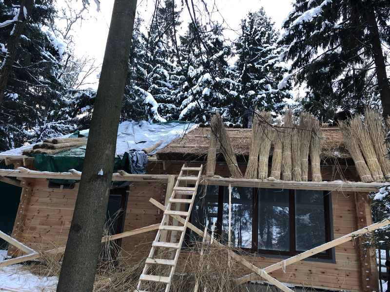 Монтаж крыши из камыша зимой. МО, январь. 2019