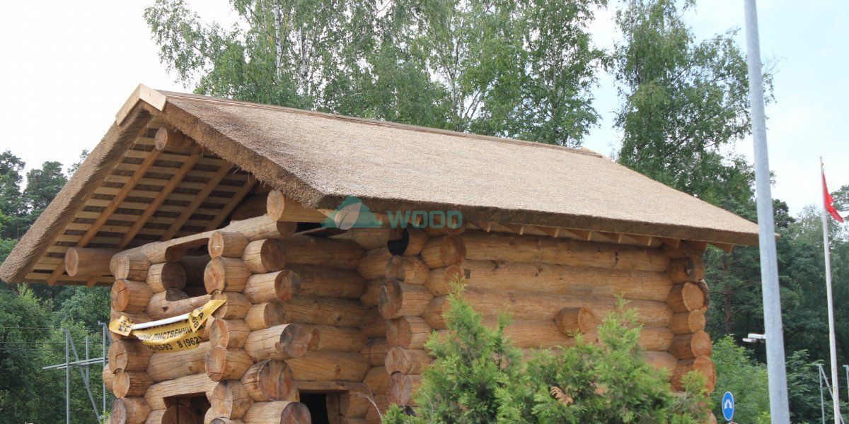 Выставочный домик из рубленной лиственницы с крышей из камыша