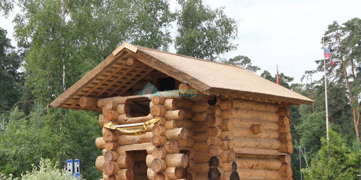Выставочный домик из рубленной лиственницы с крышей из камыша